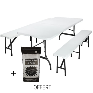  Ensemble de table et bancs pliants blanc + sac de 50 L de charbon de bois offert