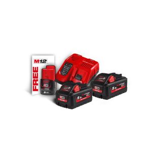  2 batteries Milwaukee M18 18V - 5,5 Ah HIGH-OUTPUT Red - + chargeur rapide double + 1 batterie M12 12V 2 Ah offerte