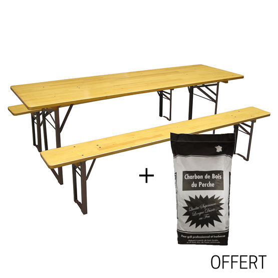  Ensemble de table et bancs pliants bois + sac de 50 L de charbon de bois offert