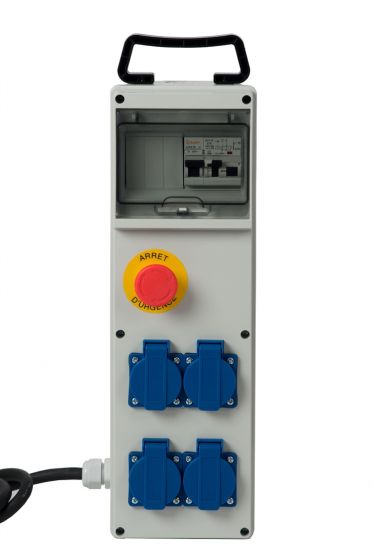  Coffret de chantier - 4 prises à clapet - Arrêt d'urgence - Disjoncteur différentiel 30mA - IP 44