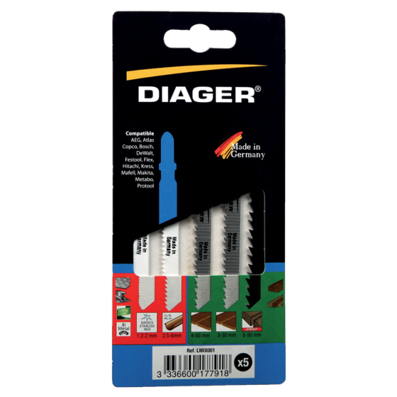  5 lames scie sauteuse - assortiment bois et métal - Diager